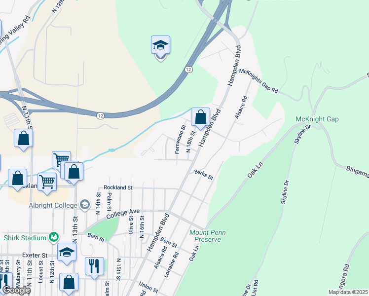 map of restaurants, bars, coffee shops, grocery stores, and more near 2126 North 18th Street in Reading