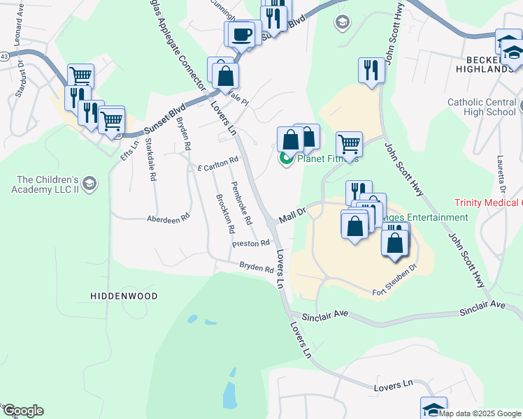 map of restaurants, bars, coffee shops, grocery stores, and more near 261 Lovers Lane in Steubenville