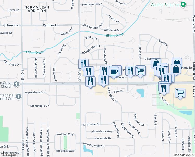 map of restaurants, bars, coffee shops, grocery stores, and more near 3667 Braddock Dr # B in Lafayette