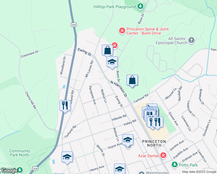 map of restaurants, bars, coffee shops, grocery stores, and more near 524 Ewing Street in Princeton
