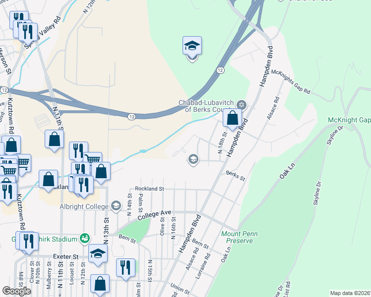 map of restaurants, bars, coffee shops, grocery stores, and more near 2149 B Elder Street in Reading