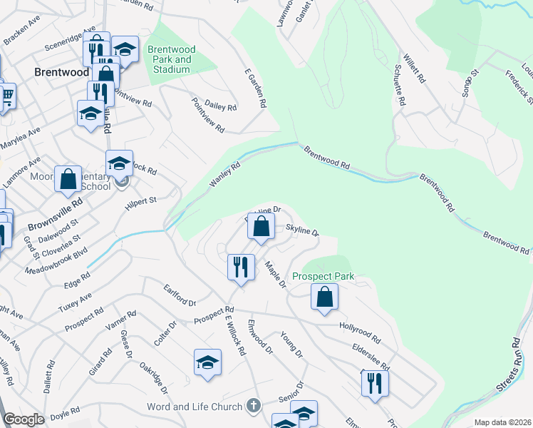 map of restaurants, bars, coffee shops, grocery stores, and more near 1682 Parkline Drive in Pittsburgh