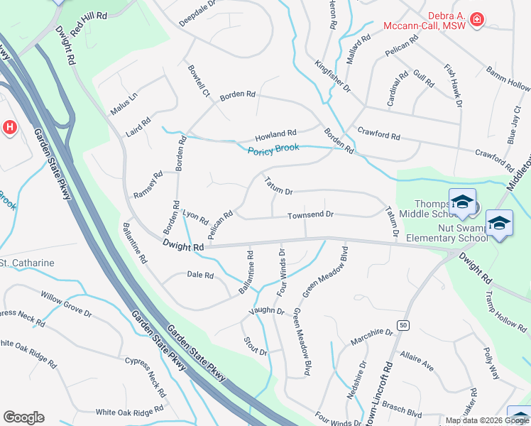 map of restaurants, bars, coffee shops, grocery stores, and more near 3 De Ridder Court in Middletown Township