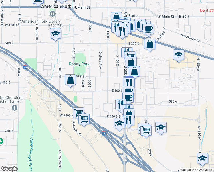 map of restaurants, bars, coffee shops, grocery stores, and more near 476 South 400 East in American Fork