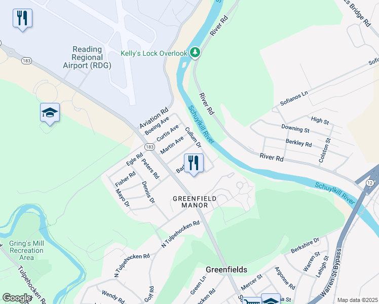 map of restaurants, bars, coffee shops, grocery stores, and more near 516 Lockheed Avenue in Reading