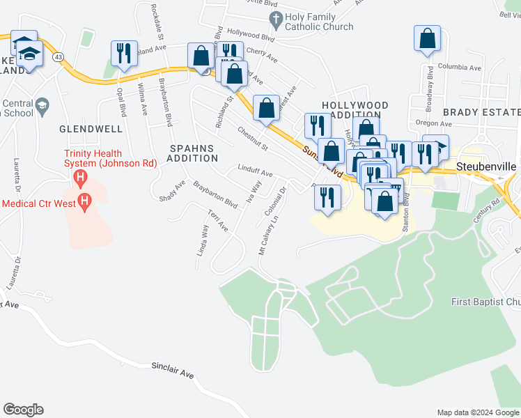 map of restaurants, bars, coffee shops, grocery stores, and more near 3117 Whitehaven Boulevard in Steubenville