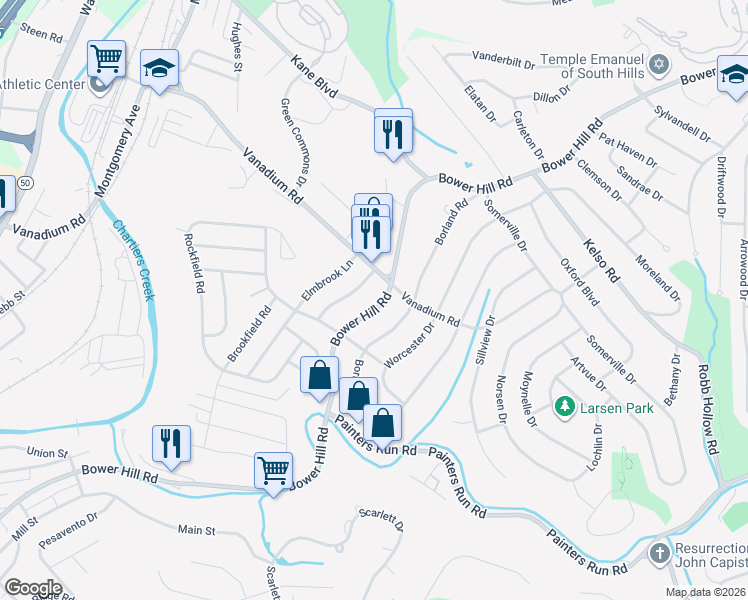 map of restaurants, bars, coffee shops, grocery stores, and more near 1922 Bower Hill Road in Pittsburgh