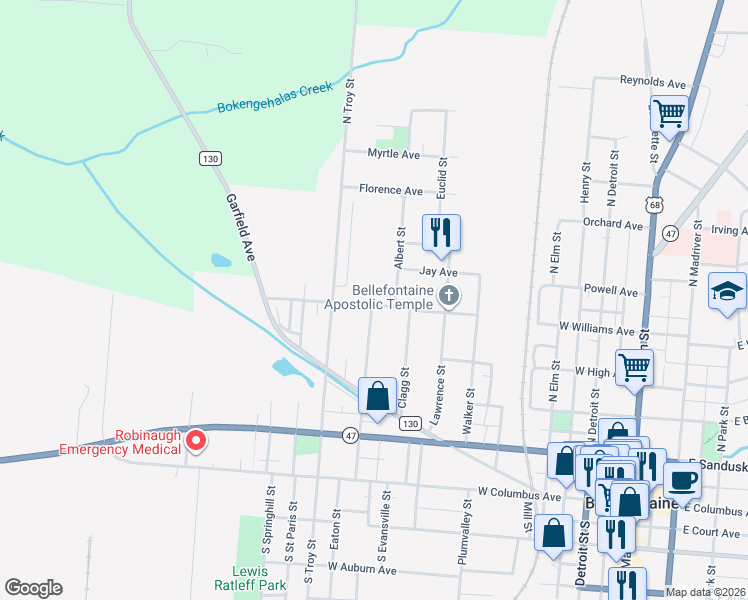 map of restaurants, bars, coffee shops, grocery stores, and more near 732 West Williams Avenue in Bellefontaine