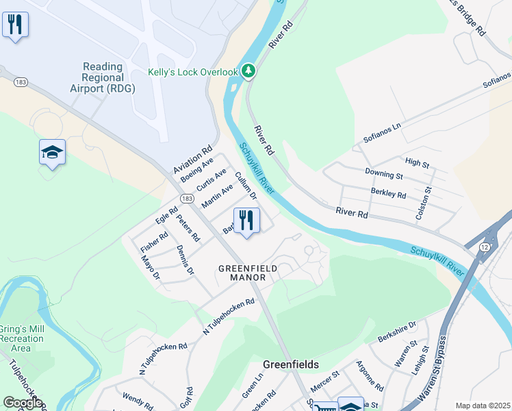 map of restaurants, bars, coffee shops, grocery stores, and more near 527 Barlow Avenue in Reading