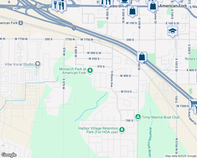 map of restaurants, bars, coffee shops, grocery stores, and more near 424 South 340 West in American Fork