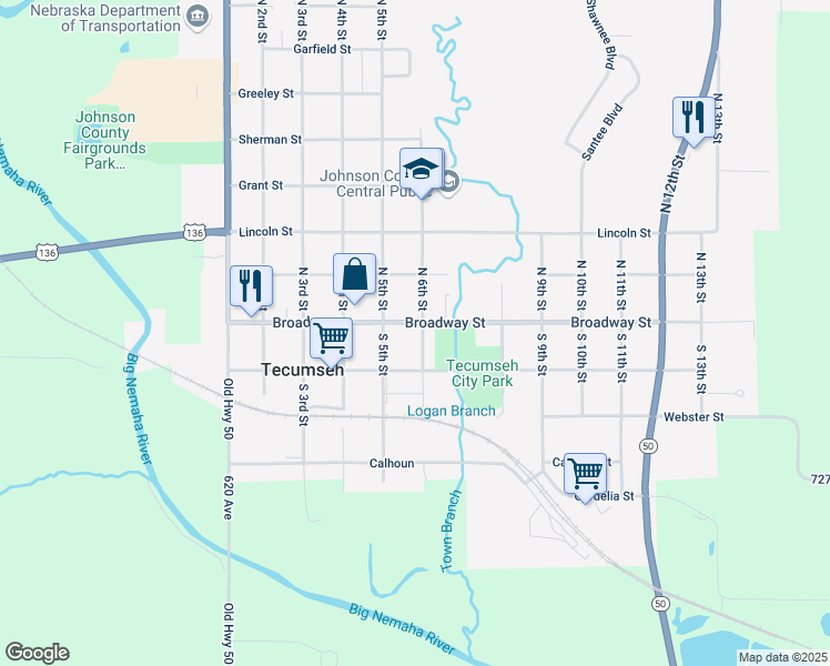 map of restaurants, bars, coffee shops, grocery stores, and more near 547 Broadway Street in Tecumseh