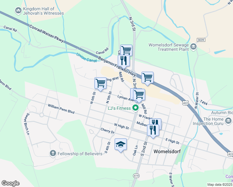 map of restaurants, bars, coffee shops, grocery stores, and more near 471 Lyman Avenue in Womelsdorf