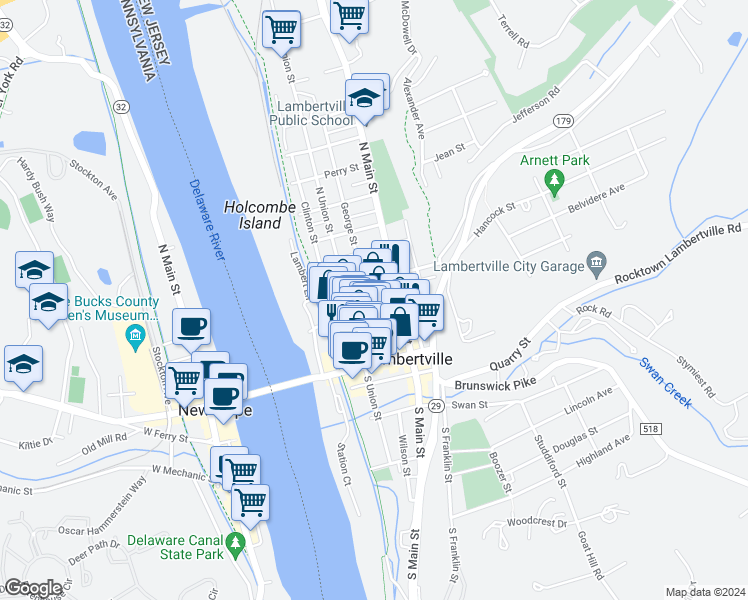 map of restaurants, bars, coffee shops, grocery stores, and more near 48 Coryell Street in Lambertville