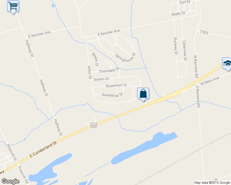 map of restaurants, bars, coffee shops, grocery stores, and more near 23 Greenbriar Drive in Myerstown