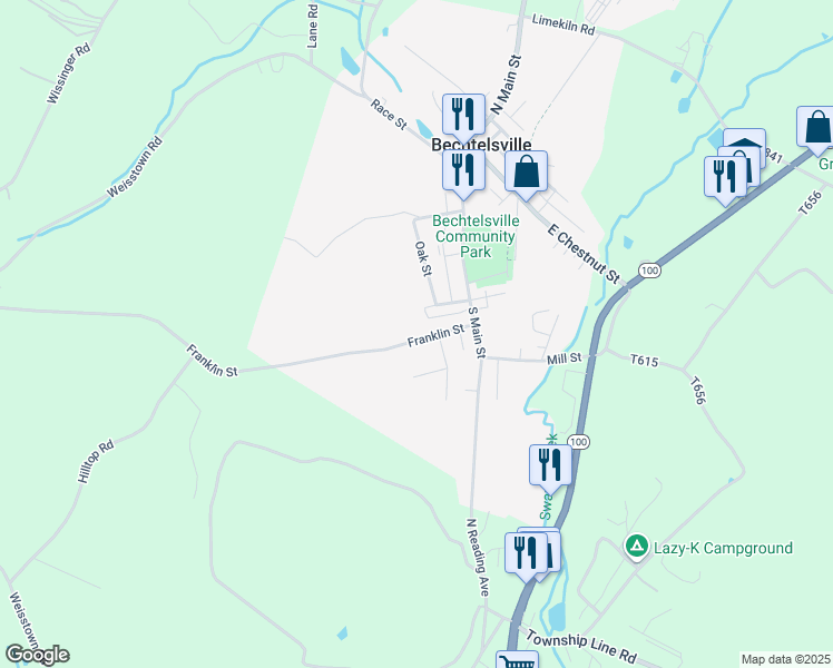 map of restaurants, bars, coffee shops, grocery stores, and more near 45 Franklin Street in Bechtelsville