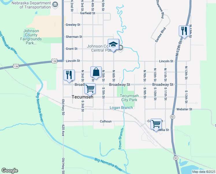 map of restaurants, bars, coffee shops, grocery stores, and more near 547 Broadway Street in Tecumseh