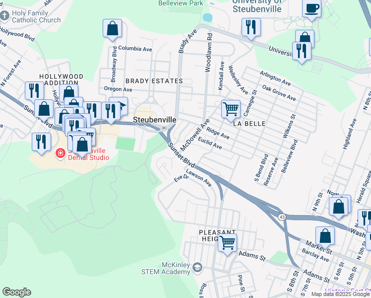 map of restaurants, bars, coffee shops, grocery stores, and more near 118 McDowell Avenue in Steubenville