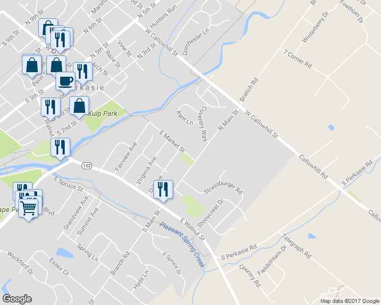 map of restaurants, bars, coffee shops, grocery stores, and more near 423 East Market Street in Perkasie