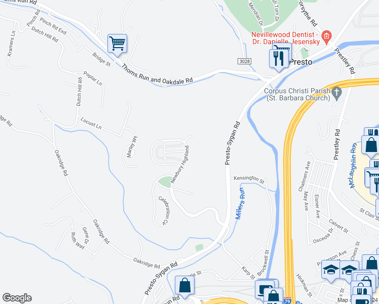 map of restaurants, bars, coffee shops, grocery stores, and more near 1222 Newbury Highland in Bridgeville