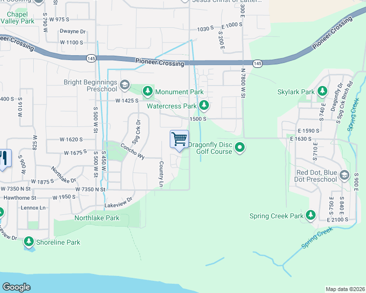 map of restaurants, bars, coffee shops, grocery stores, and more near 7350-7618 South Center Street in Lehi