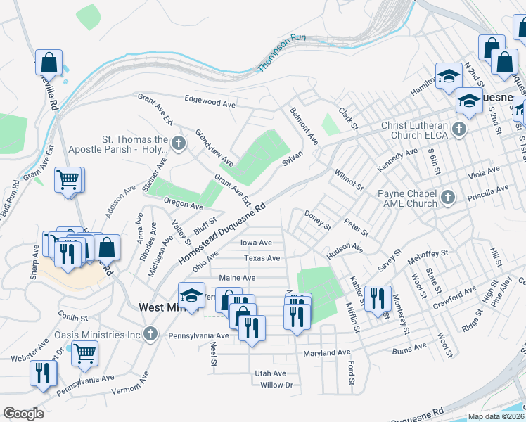 map of restaurants, bars, coffee shops, grocery stores, and more near 1611 Homestead Duquesne Road in West Mifflin