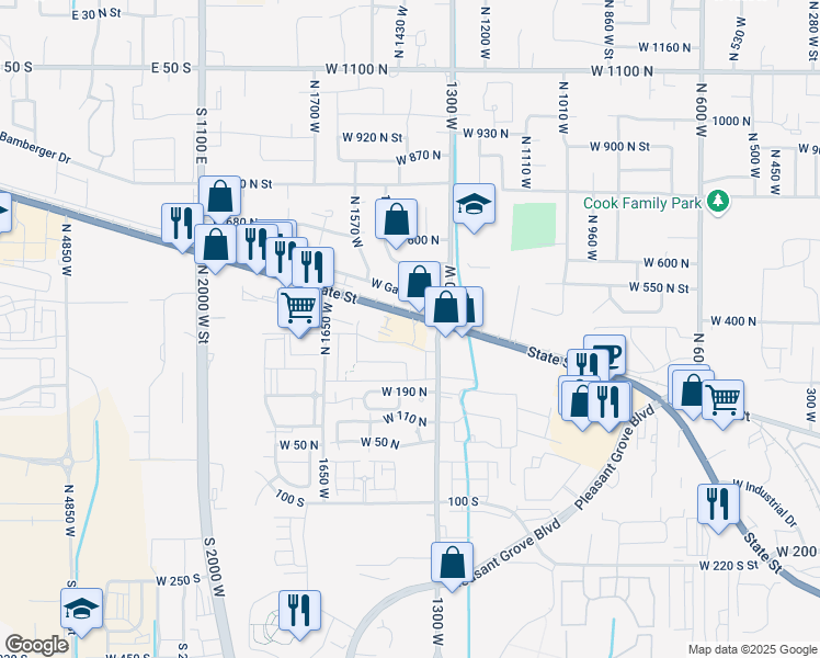 map of restaurants, bars, coffee shops, grocery stores, and more near 1593 West State Road in Pleasant Grove
