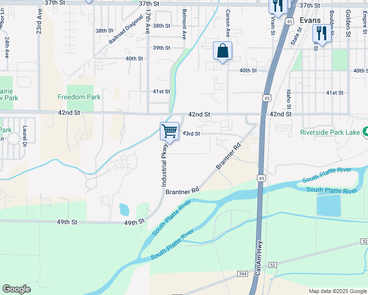 map of restaurants, bars, coffee shops, grocery stores, and more near 43 Street in Evans