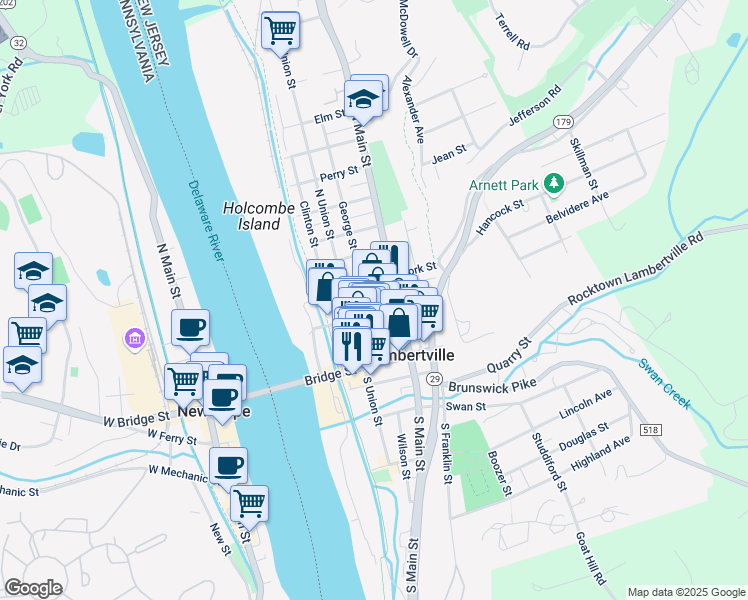 map of restaurants, bars, coffee shops, grocery stores, and more near 54 George Street in Lambertville