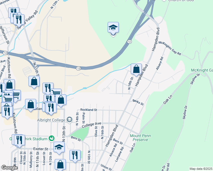 map of restaurants, bars, coffee shops, grocery stores, and more near 2171 Elder Street in Reading