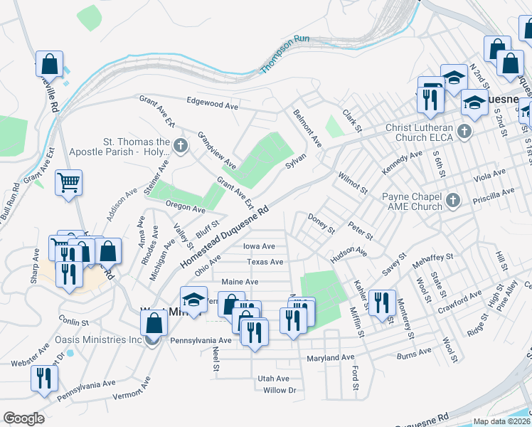 map of restaurants, bars, coffee shops, grocery stores, and more near 1611 Homestead Duquesne Road in West Mifflin