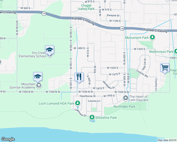 map of restaurants, bars, coffee shops, grocery stores, and more near 918 West 1675 South in Lehi