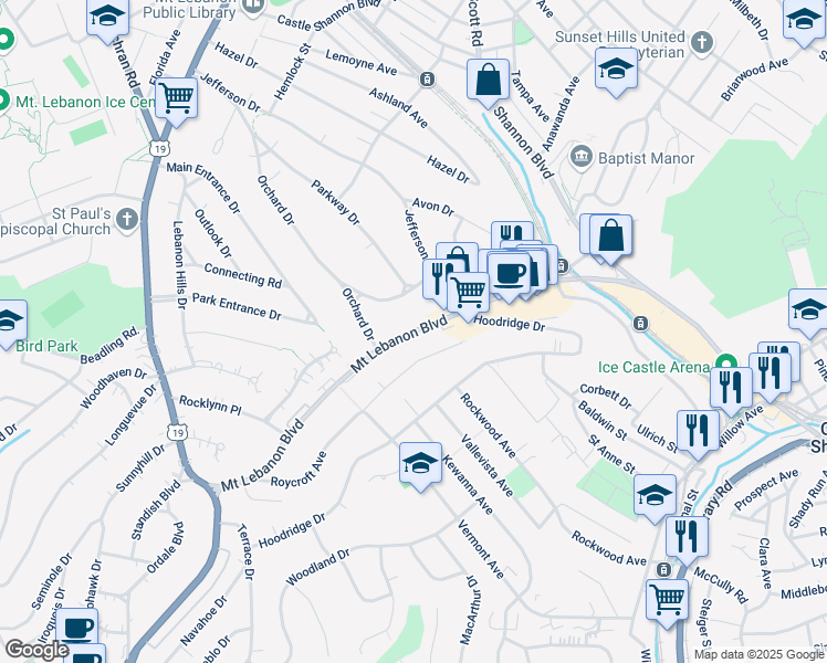 map of restaurants, bars, coffee shops, grocery stores, and more near 216 Mount Lebanon Boulevard in Mount Lebanon