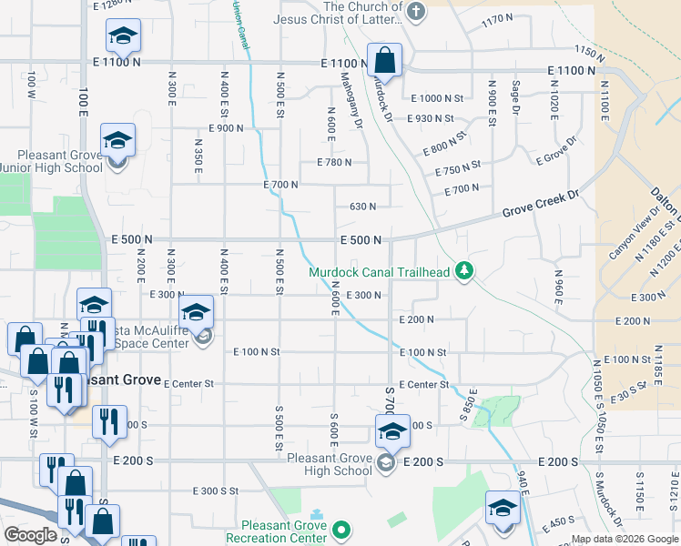 map of restaurants, bars, coffee shops, grocery stores, and more near 380 North 600 East in Pleasant Grove