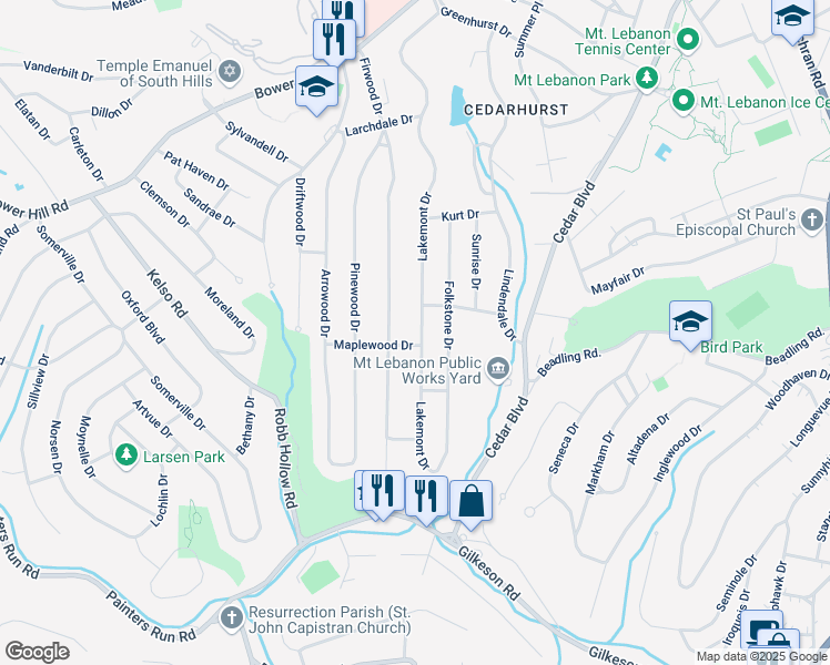 map of restaurants, bars, coffee shops, grocery stores, and more near 1242 Lakemont Drive in Pittsburgh