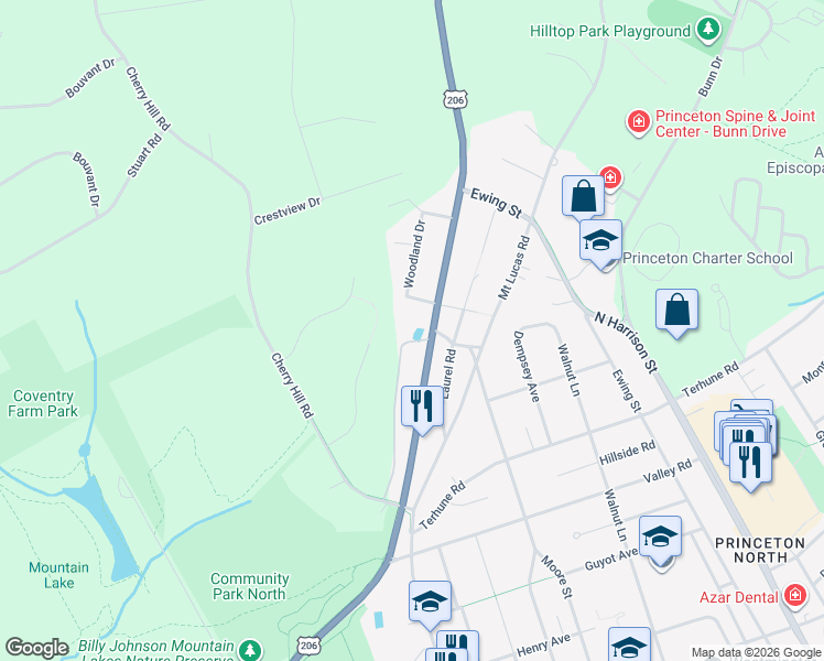 map of restaurants, bars, coffee shops, grocery stores, and more near 120 State Road in Princeton