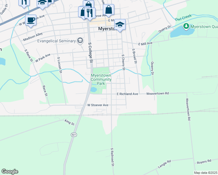 map of restaurants, bars, coffee shops, grocery stores, and more near 609 South Railroad Street in Myerstown