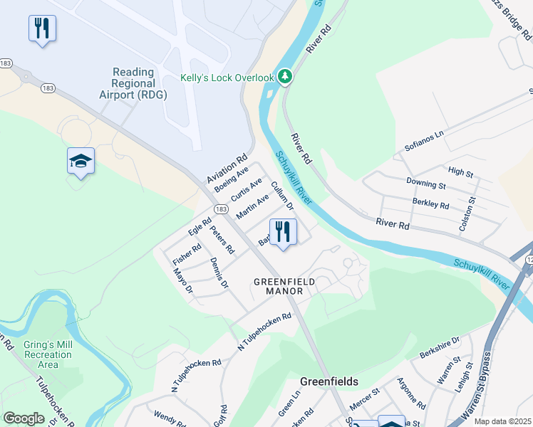 map of restaurants, bars, coffee shops, grocery stores, and more near 513 Lockheed Avenue in Reading