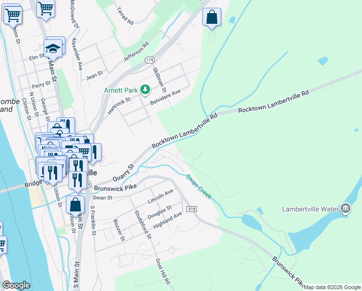 map of restaurants, bars, coffee shops, grocery stores, and more near 27 Highway 29 in Lambertville