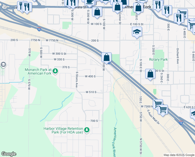 map of restaurants, bars, coffee shops, grocery stores, and more near 135 West 400 South in American Fork
