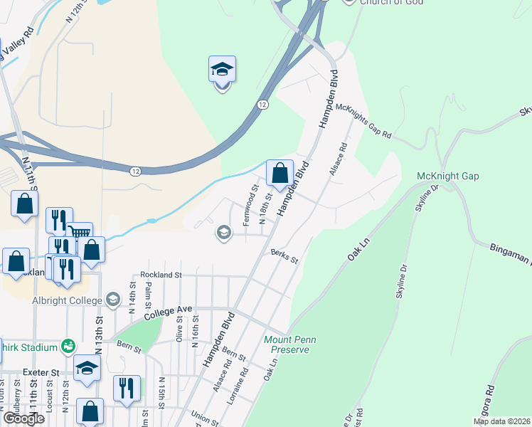 map of restaurants, bars, coffee shops, grocery stores, and more near 1800 Deer Path Road in Reading