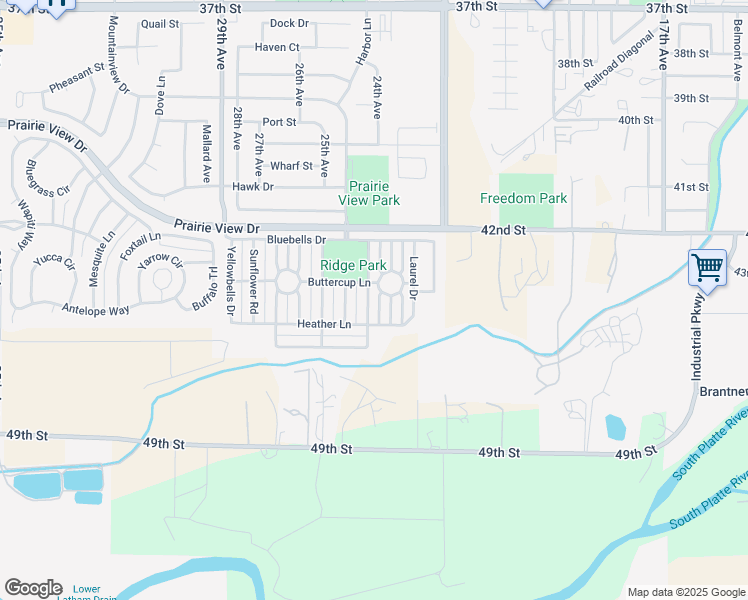 map of restaurants, bars, coffee shops, grocery stores, and more near 4312 Paintbrush Drive in Evans