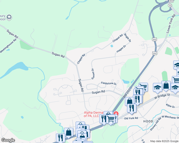 map of restaurants, bars, coffee shops, grocery stores, and more near 112 Sunset Drive in New Hope