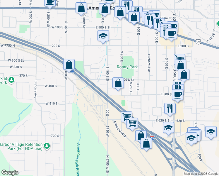 map of restaurants, bars, coffee shops, grocery stores, and more near 443 South 100 East Street in American Fork