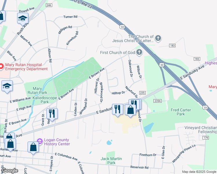 map of restaurants, bars, coffee shops, grocery stores, and more near 598 Hilltop Drive in Bellefontaine