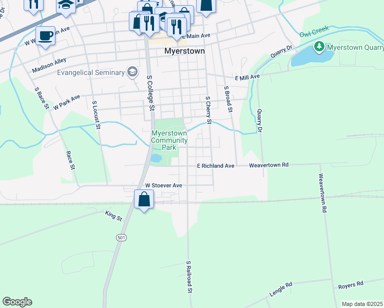 map of restaurants, bars, coffee shops, grocery stores, and more near 606 South Railroad Street in Myerstown