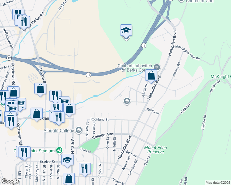 map of restaurants, bars, coffee shops, grocery stores, and more near 2110 Elder Street in Reading