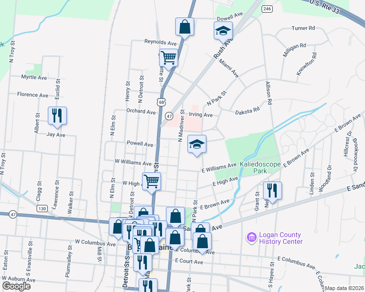 map of restaurants, bars, coffee shops, grocery stores, and more near 536 North Madriver Street in Bellefontaine