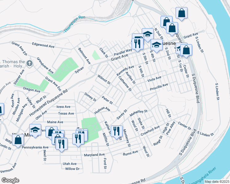 map of restaurants, bars, coffee shops, grocery stores, and more near 1110 Karl Avenue in Duquesne