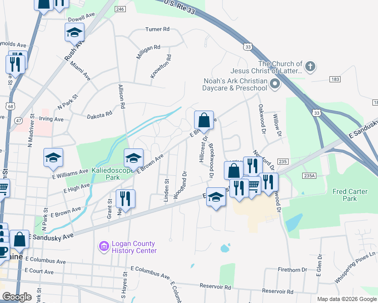 map of restaurants, bars, coffee shops, grocery stores, and more near 532 Woodland Drive in Bellefontaine
