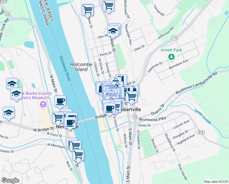map of restaurants, bars, coffee shops, grocery stores, and more near 54 George Street in Lambertville
